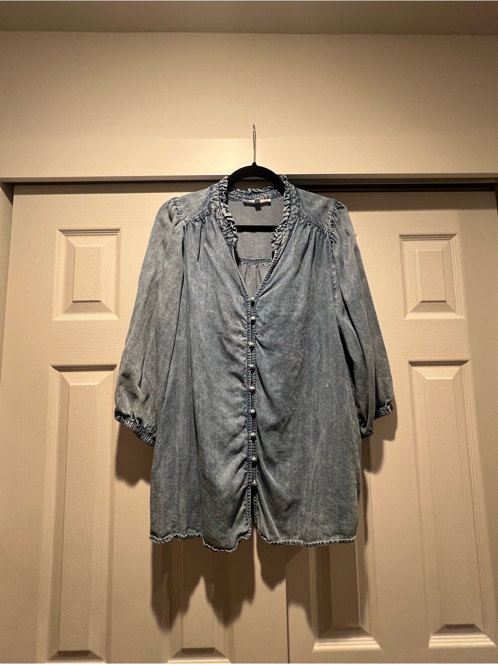 Washed Light Blue Button-Front Tunic with Ruffle Trim